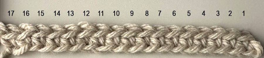 Row 1 completed, showing single crochet stitches worked across the foundation