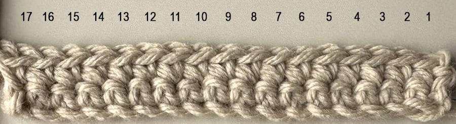 Row 2 completed on the wrong side, showing a row of single crochet stitches worked evenly across