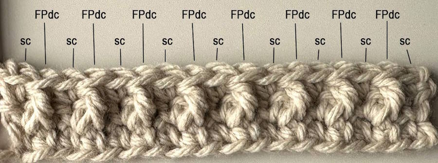 Row 3 completed, showing alternating single crochet and front post double crochet stitches with stitch placement labeled