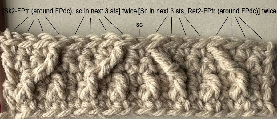 Row 5 completed, demonstrating skip and return front post treble stitches forming the textured cable pattern