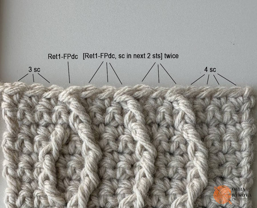 rochet headband cable pattern tutorial showing row 13 with cable crossings formed by front post double crochet stitches