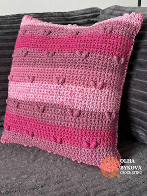 Finished textured crochet pillow case with heart stitches, perfect for Valentine’s Day home decor and handmade gifts small size