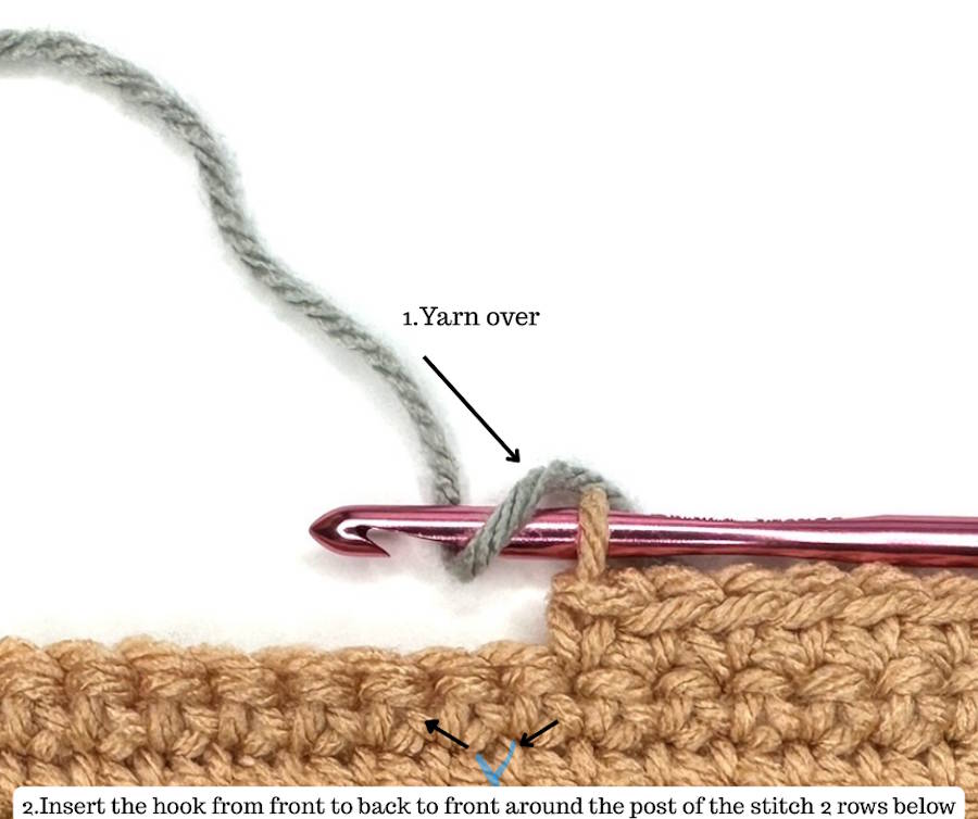 Inserting the crochet hook from front to back to front around the post two rows below for a Front Post Puff Stitch