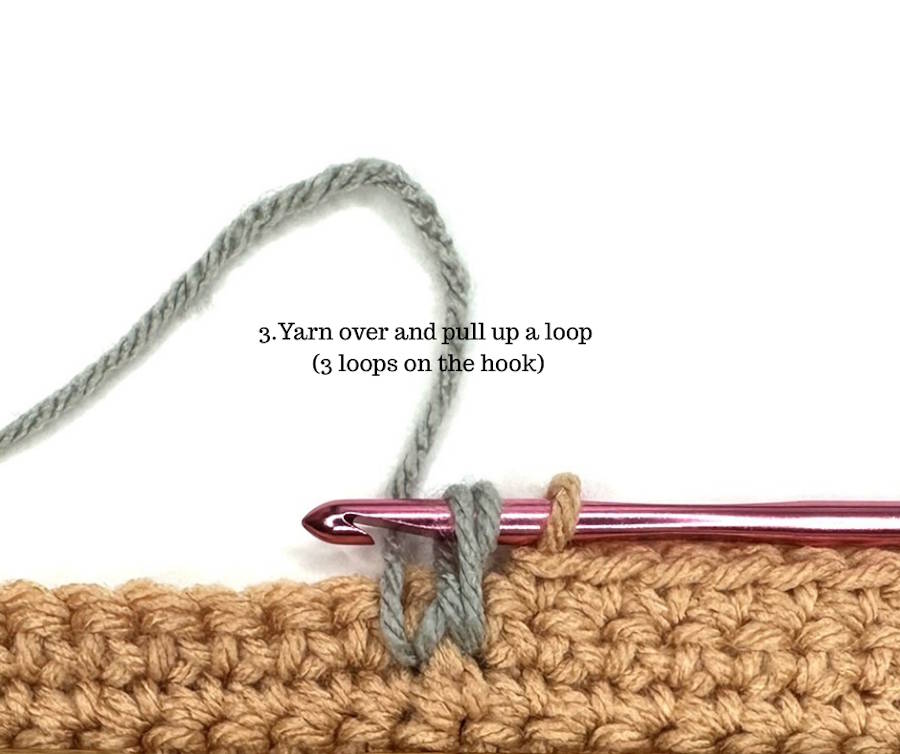 Yarn over and pull up a loop around the post, creating three loops on the hook in a Front Post Puff Stitch