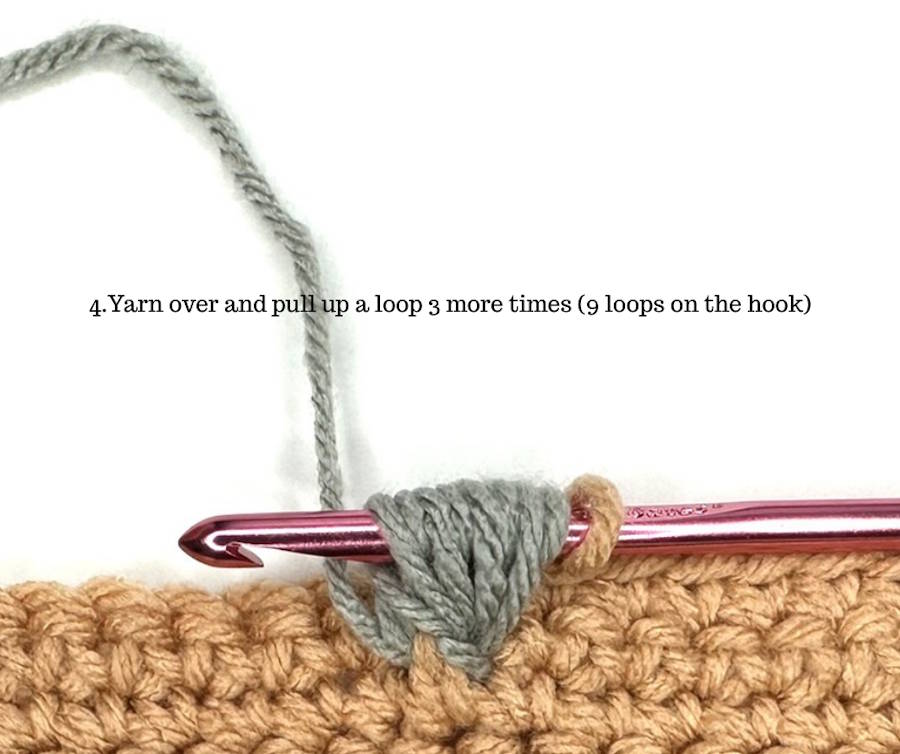 Repeating yarn over and pull up loops to build a full Front Post Puff Stitch with multiple loops on the hook