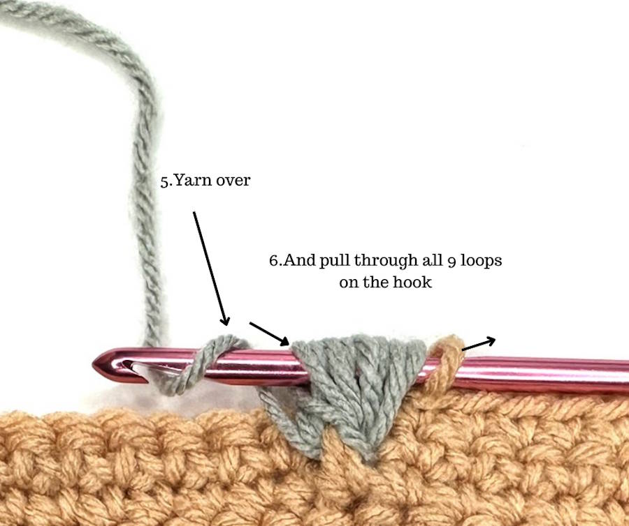 Final yarn over before closing the Front Post Puff Stitch in crochet