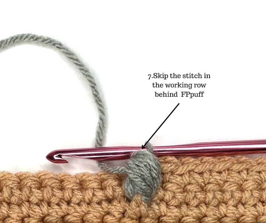 Skipping the stitch in the working row behind the Front Post Puff Stitch to maintain correct stitch placement