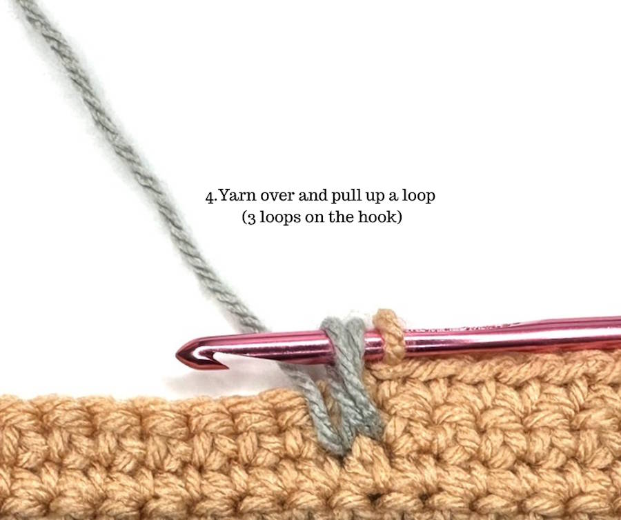 Yarn over and pull up a loop around the post, creating three loops on the hook for a Return 1 Front Post Puff Stitch
