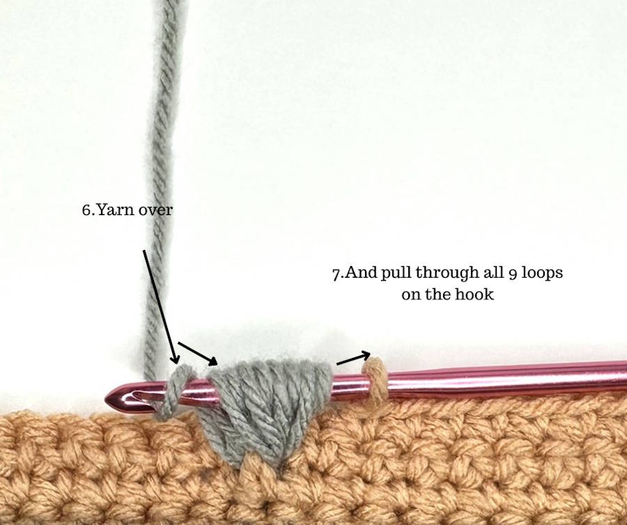 Yarn over and pull through all nine loops on the hook to complete the Skip 1 Front Post Puff Stitch