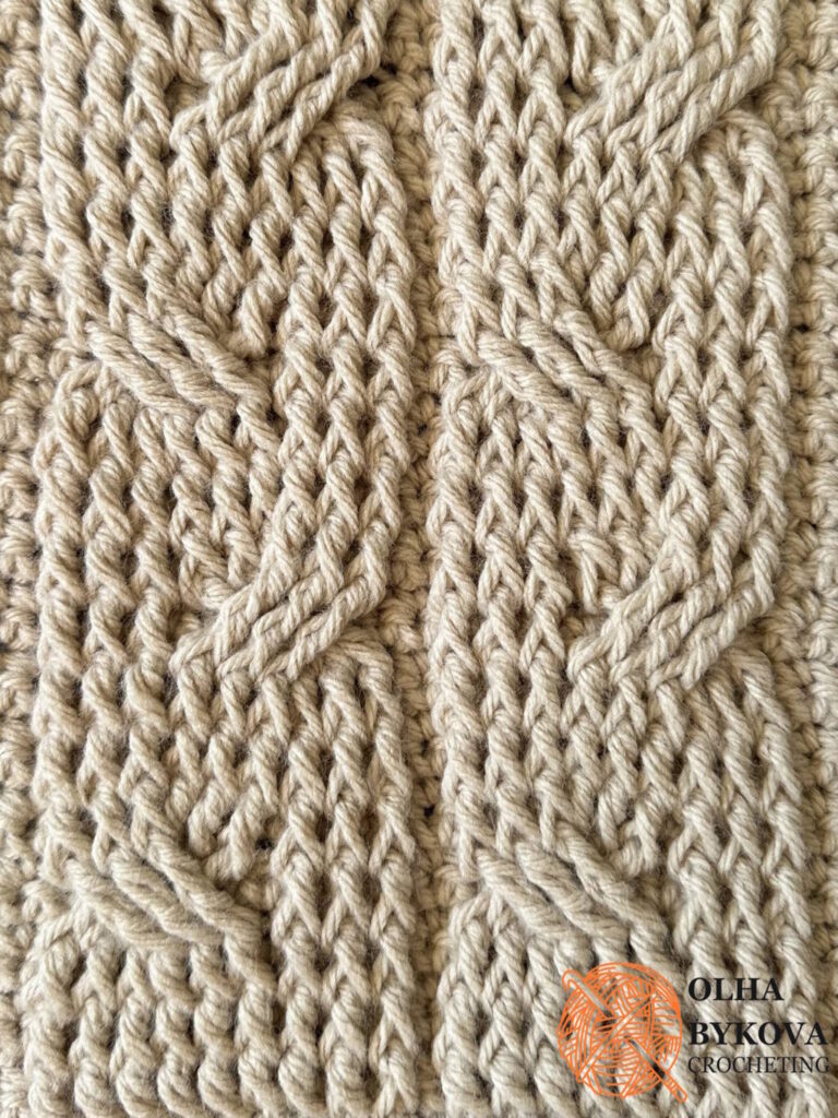 Braided cable crochet stitch texture close up showing a textured crochet cable stitch pattern
