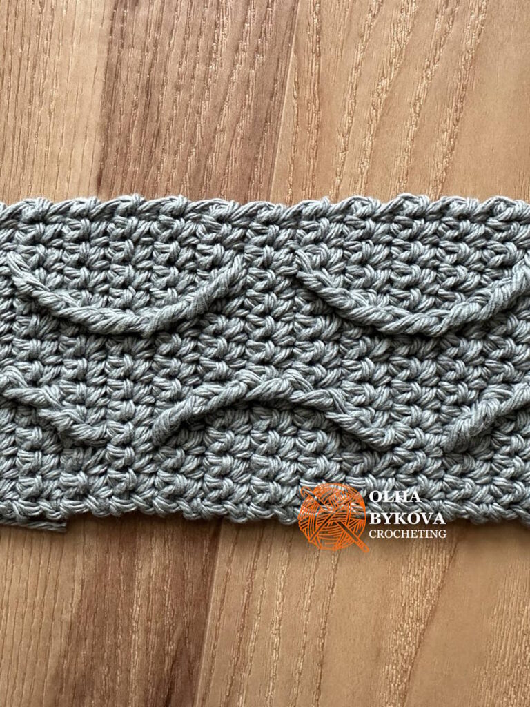 Close-up of textured crochet ripple stitches, ripples cup cozy pattern with soft cable-inspired texture