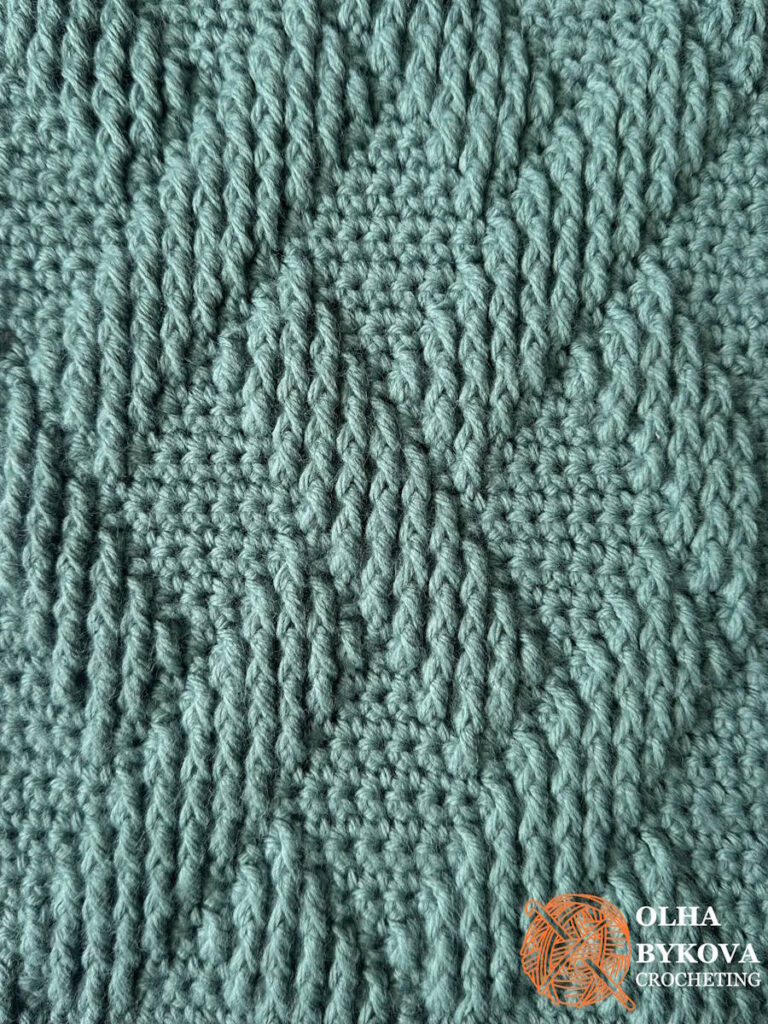 Close-up of shadow basketweave crochet stitch pattern showing textured woven structure, free crochet stitch pattern