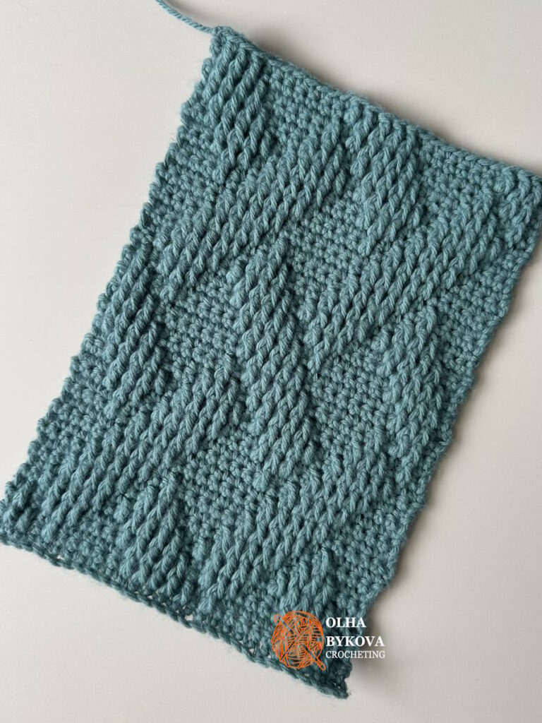 Macro close-up of shadow basketweave crochet stitch texture showing dense structured fabric and stitch definition