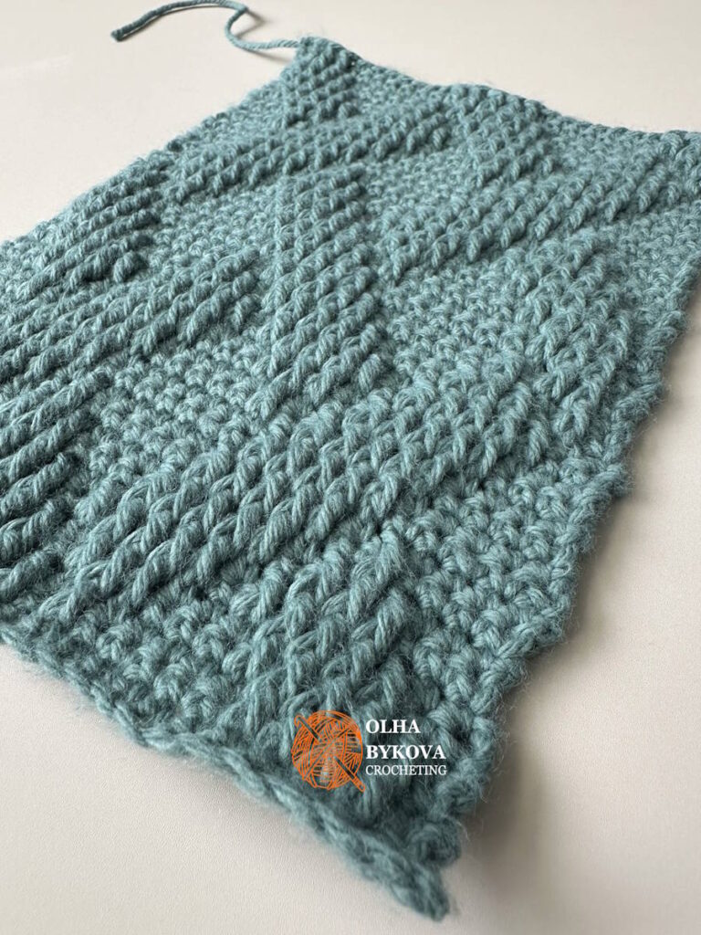 Detailed angle view of textured shadow basketweave crochet stitch highlighting raised stitches and woven effect