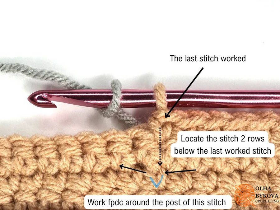 fpdc worked 2 rows below last stitch worked left leaning front post double crochet example