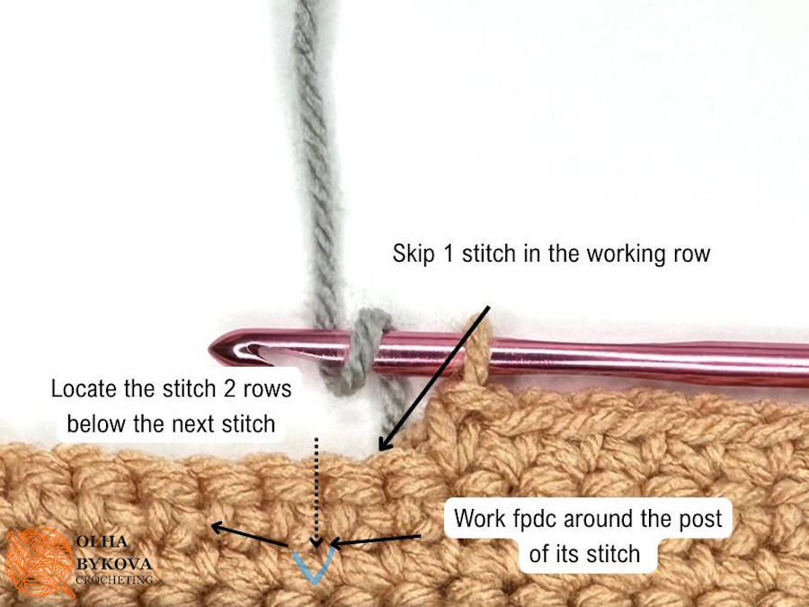 fpdc leaning right by skipping 1 stitch and working around next stitch crochet tutorial