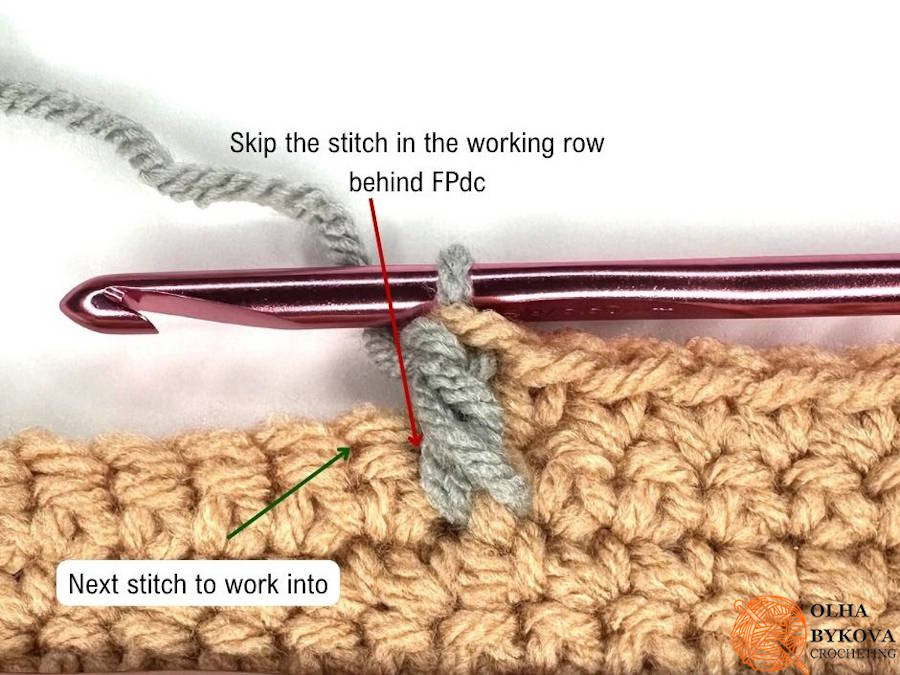 close up of skipping stitch behind fpdc showing correct stitch count in crochet