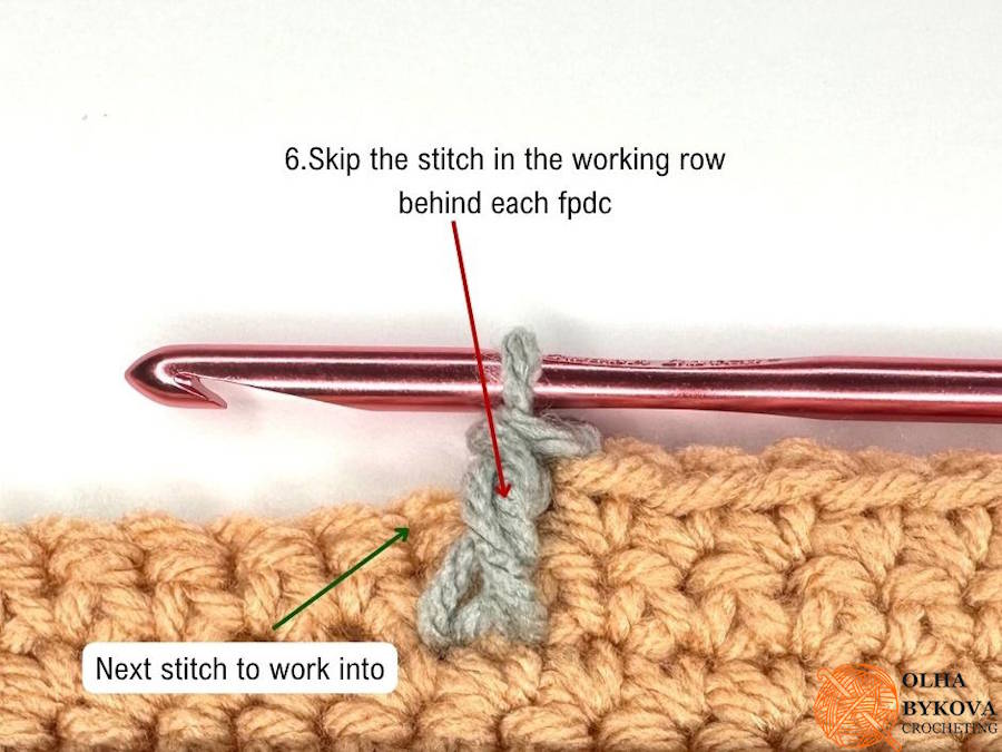 skip the stitch behind fpdc example showing correct stitch placement in crochet