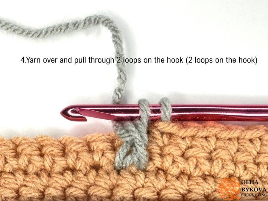 fpdc step 4 yarn over and pull through 2 loops front post double crochet tutorial
