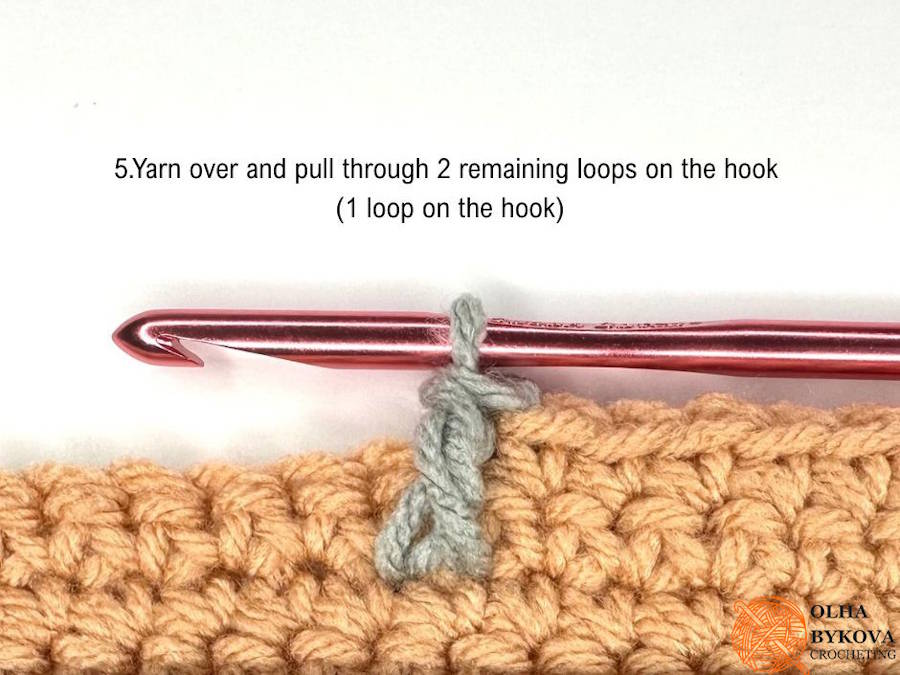 fpdc step 5 complete front post double crochet stitch with 1 loop on the hook