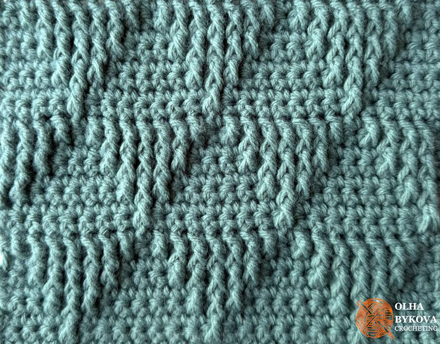Basket Weave Triangle Crochet Pattern worked in single crochet and front post double crochet stitches, creating a structured geometric texture.