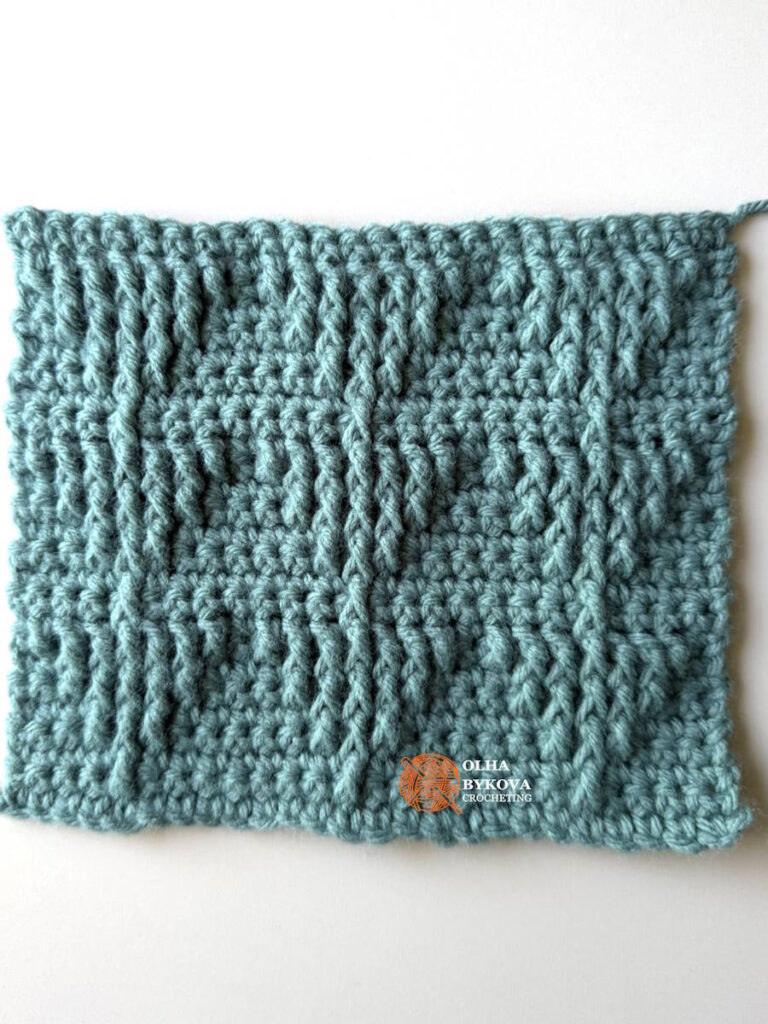 Shadow Stacked Triangle Crochet Stitch Pattern swatch showing a geometric textured design created with single crochet and front post double crochet stitches. One of many crochet stitch patterns suitable for blankets, scarves, and other projects