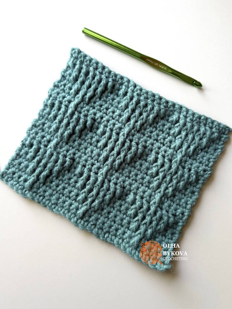 Shadow Stacked Triangle Crochet Stitch Pattern worked as a textured swatch, ideal for crochet stitches for blankets, throws, scarves, and home décor projects.