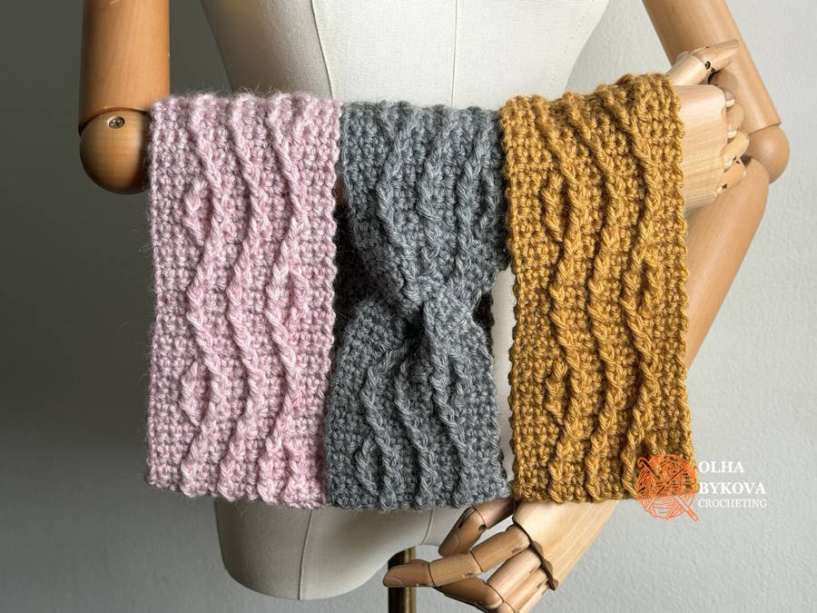 Free cable crochet ear warmer pattern with three textured headbands in different colors