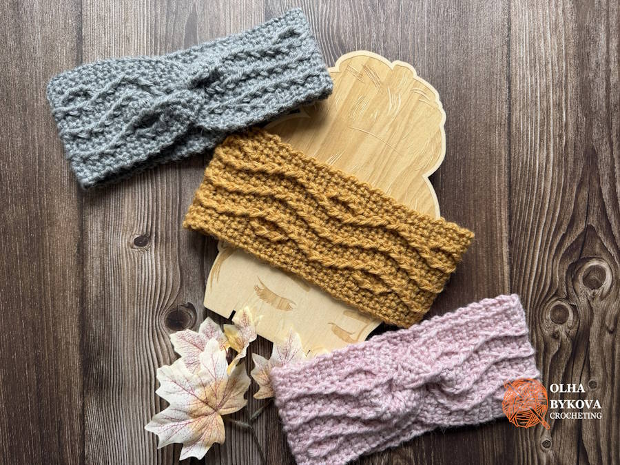 Cable crochet headband directions for making the textured design with a straight or twisted finish