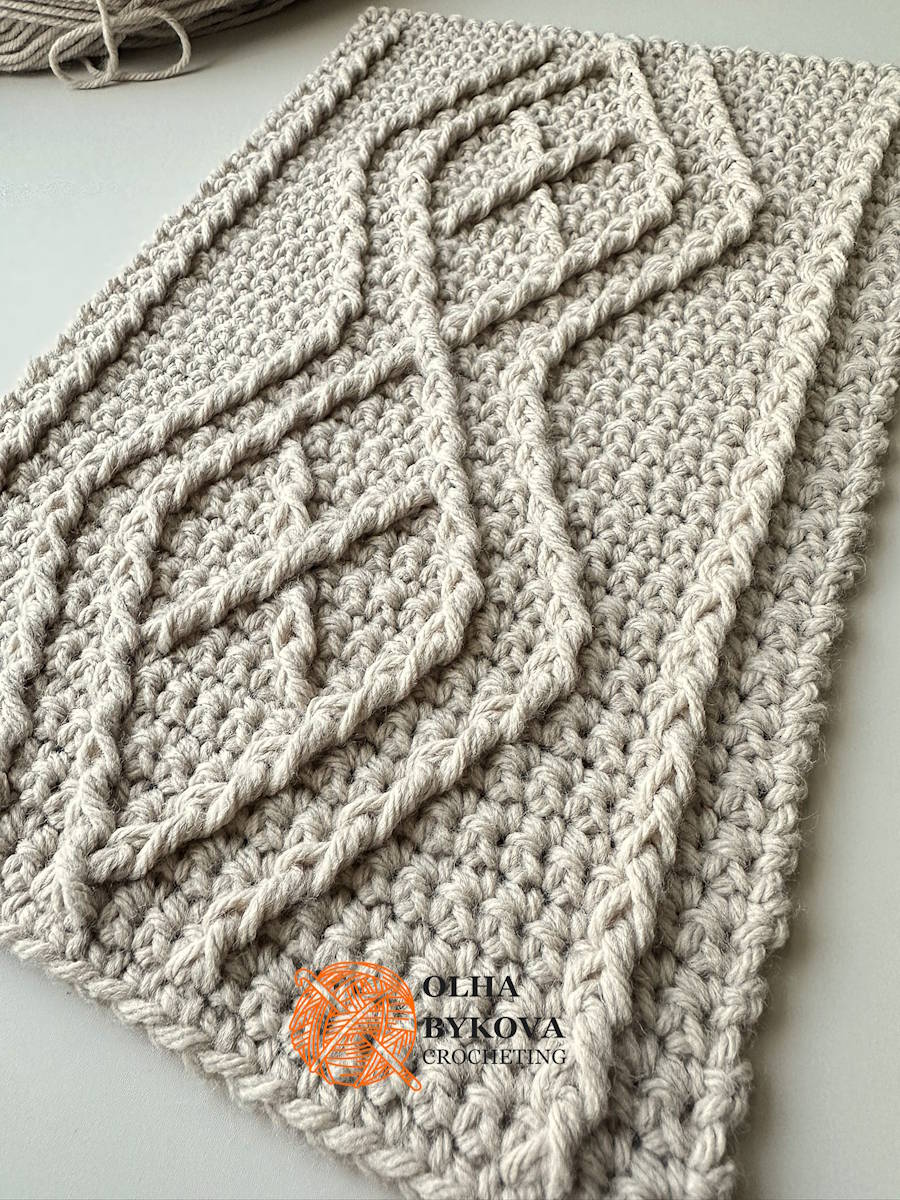 Detailed view of the Diamond Frame Crochet Cable Stitch pattern with layered crochet cable stitches and textured diamond motifs.