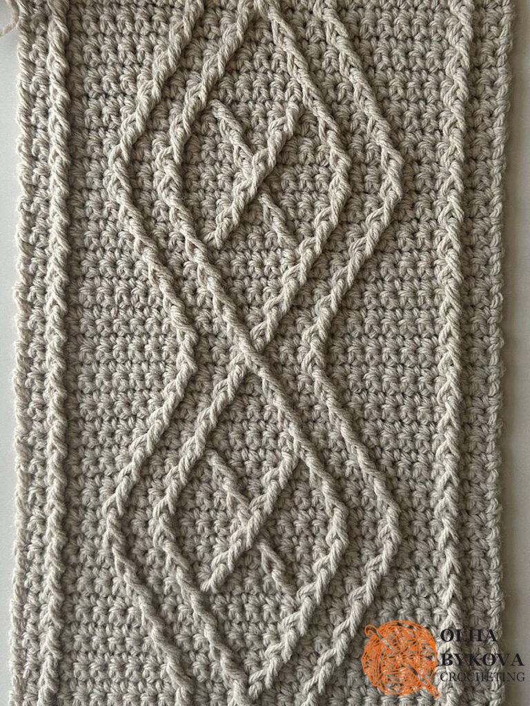 Close-up of the Diamond Frame Crochet Cable Stitch showing textured crochet cable stitches and raised diamond details.
