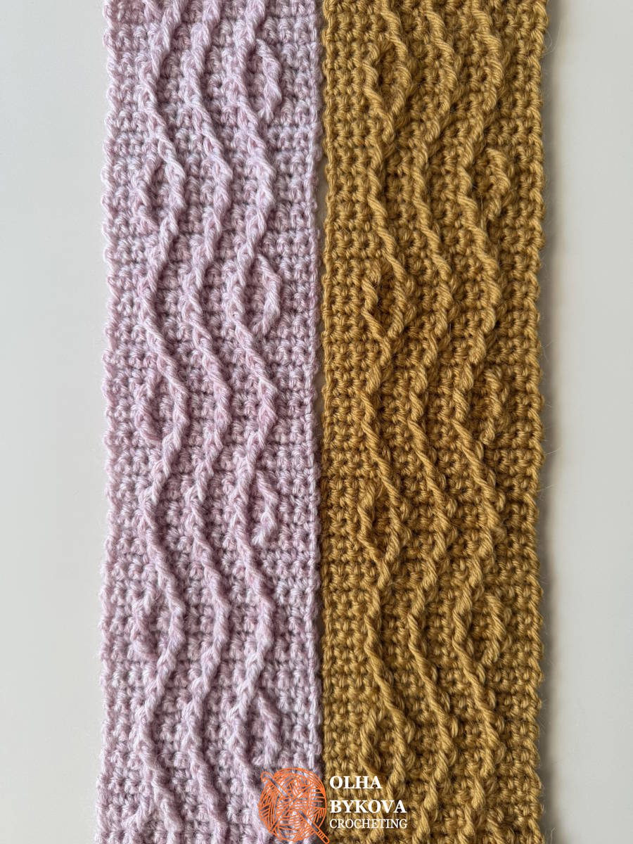 Textured crochet headband cable pattern shown in blush pink and golden yellow yarn