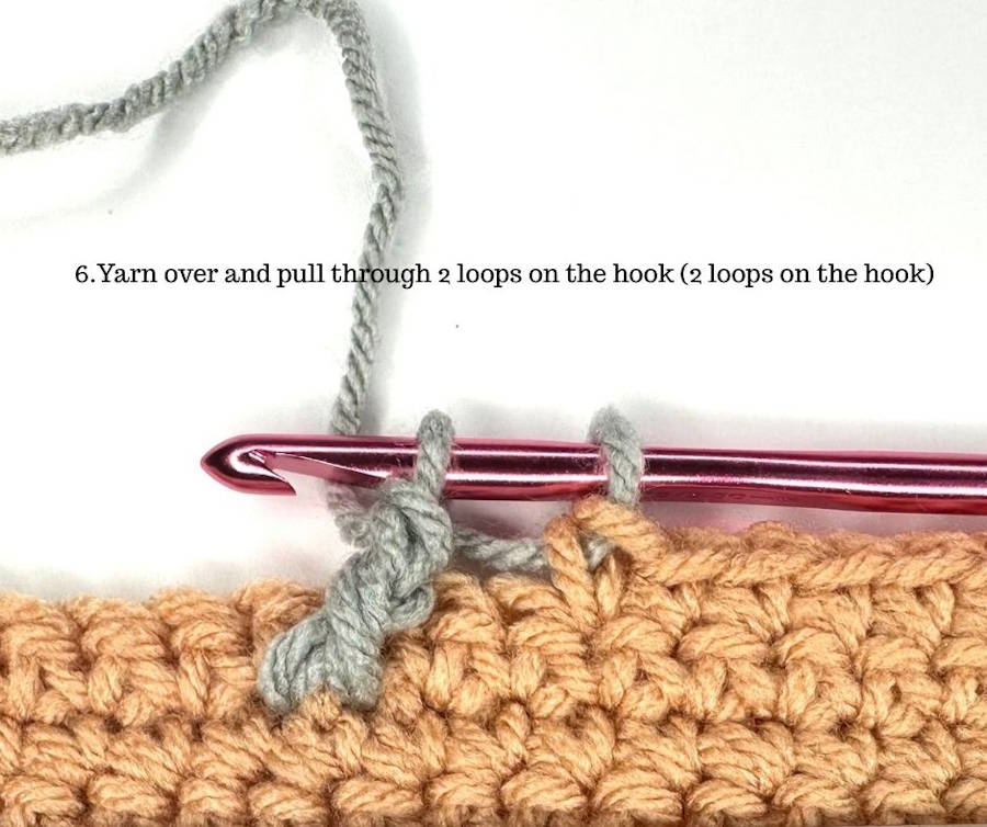 Fptr front post treble crochet tutorial showing the next pull-through with 2 loops remaining on the hook