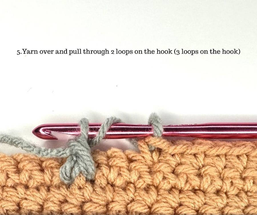 Fptr tutorial showing yarn over and pull through 2 loops with 3 loops remaining on the hook