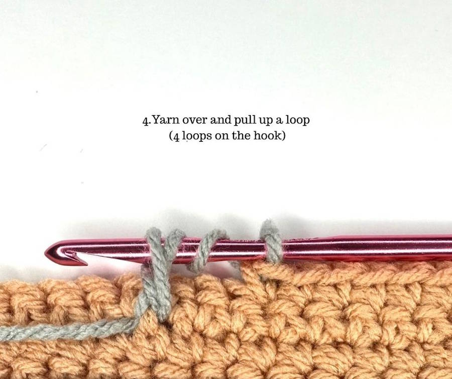Front post treble crochet tutorial showing yarn over and pull up a loop with 4 loops on the hook
