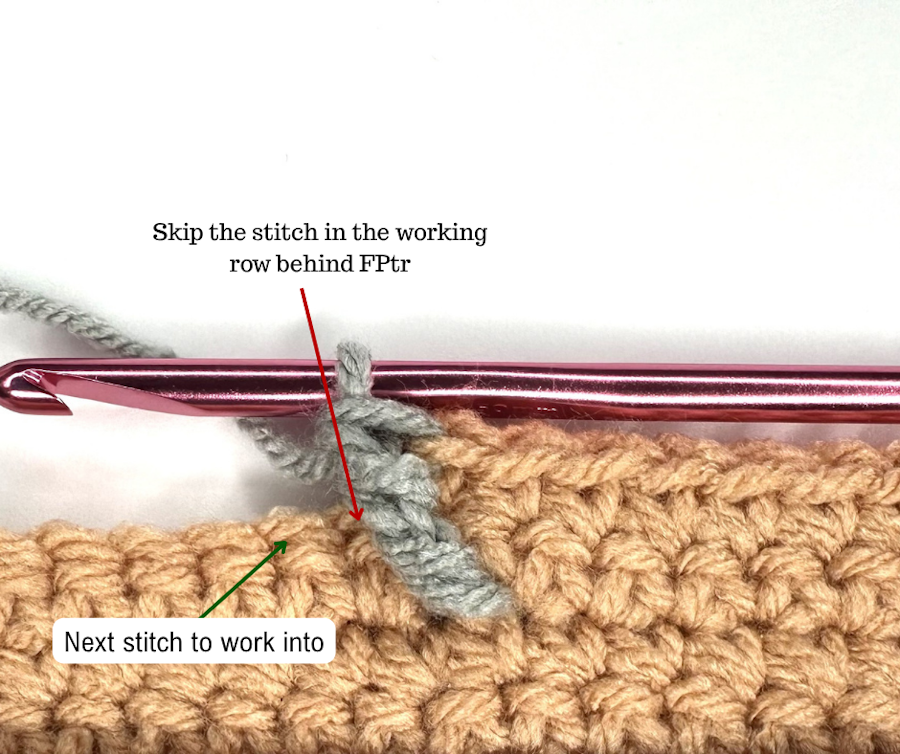 Left-leaning front post treble crochet showing the skipped stitch behind fptr and the next stitch to work into