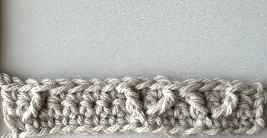 Row 3 of a crochet headband shown step by step, with raised front post stitches beginning the textured pattern